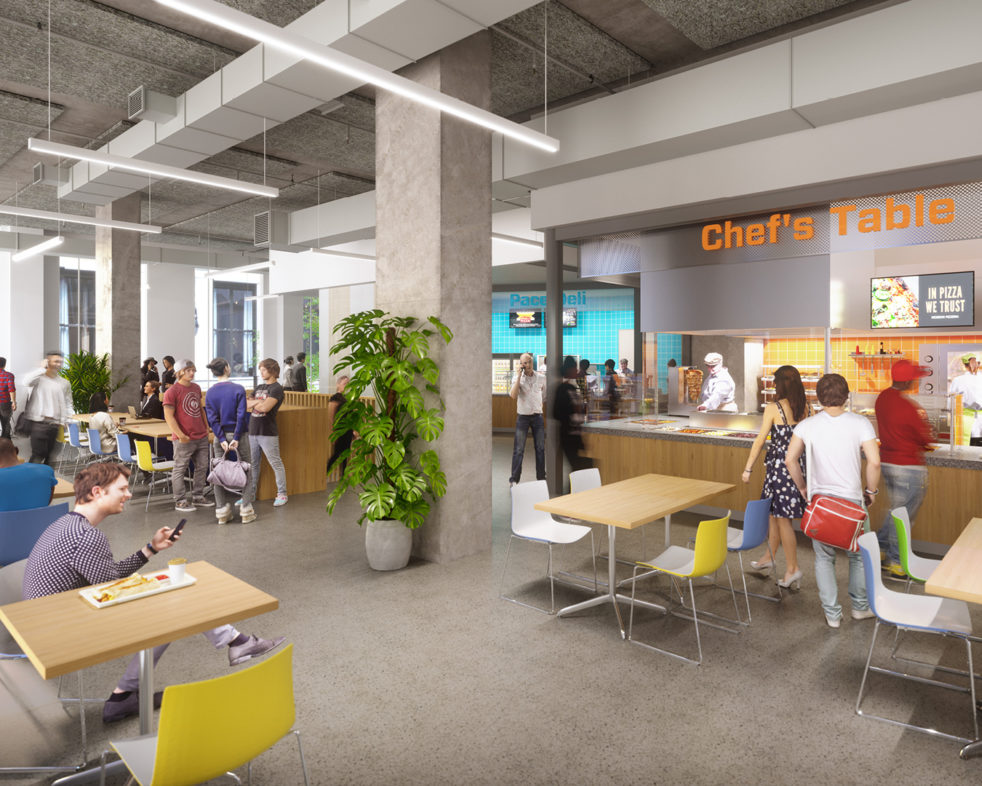 Rendering of students using the second floor dining area, a market-style food hall