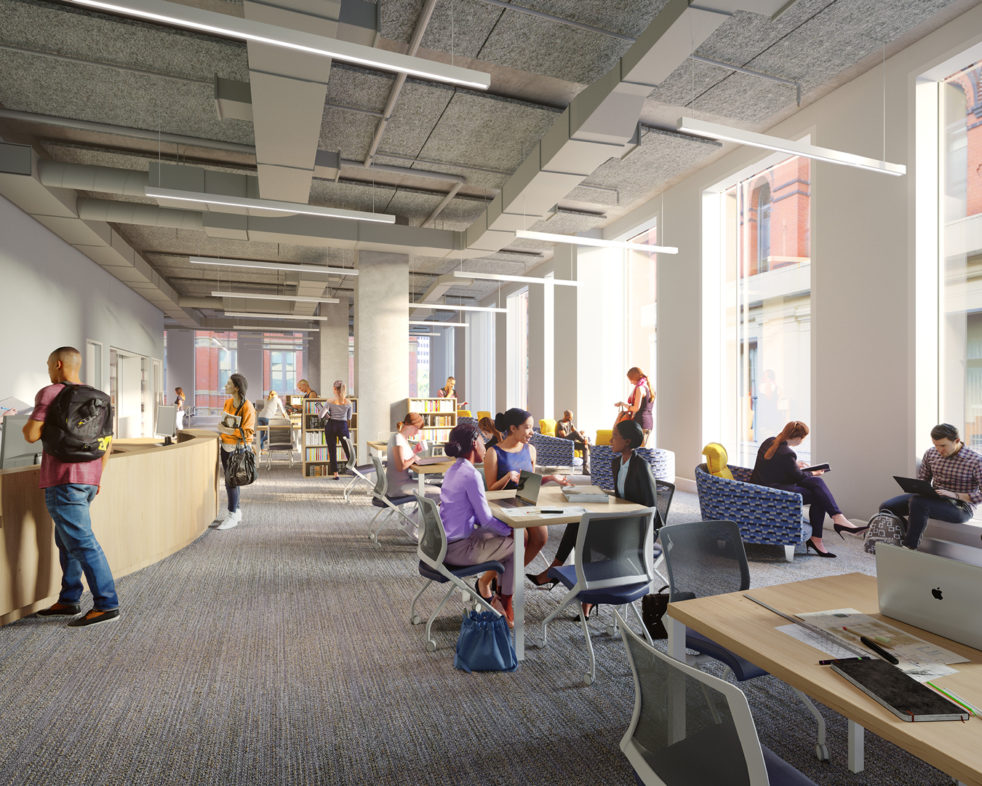 Rendering of people studying within the Library Group Study Room
