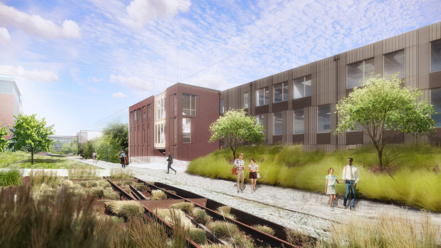 Rendering of the new Milgard Hall at the University of Washington, sited adjacent to the Prairie Trail
