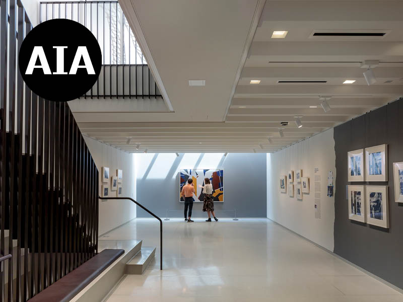 Two people view art at the new Vilcek Foundation