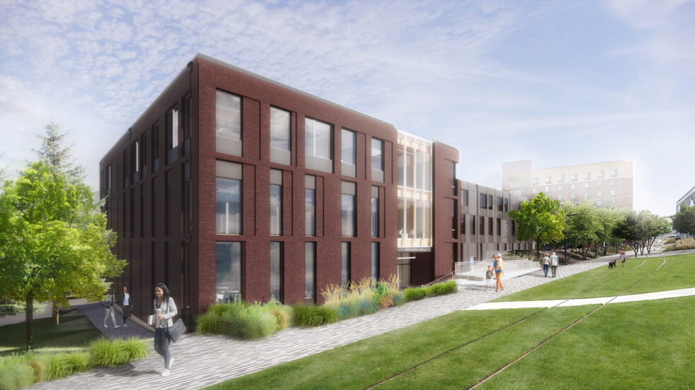 Rendering of the new Milgard Hall at the University of Washington, sited adjacent to the Prairie Trail