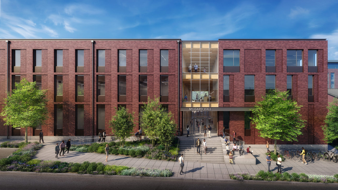 Rendering of the entrance to Milgard Hall, showing brick facade and mass timber structure