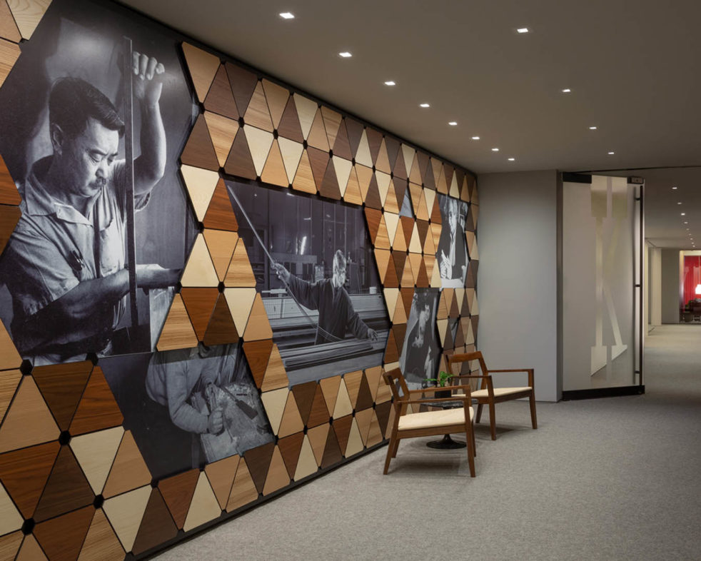 Wood and graphic exhibition wall at Knoll New York