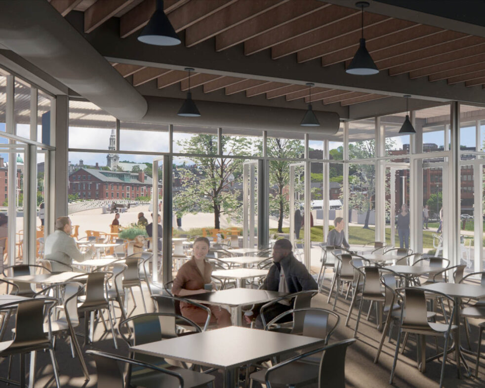Rendering of the interior of Food & beverage Pavilion, with views out to Providence