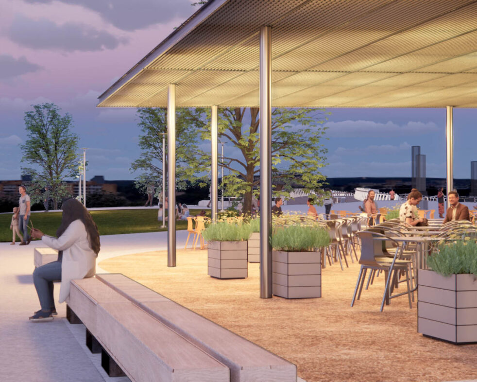 Rendering of people gathering in exterior seating under a canopy