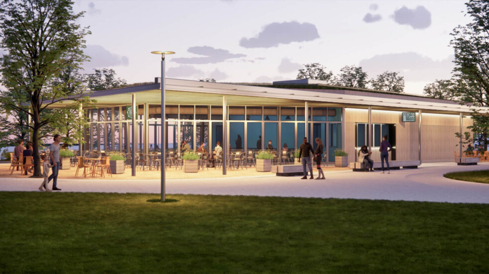 Rendering of a one-story building in park setting at dusk