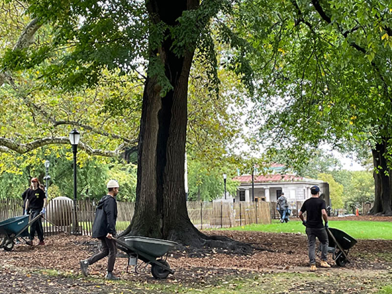 Photograph of people and wheelbarrows in a park
