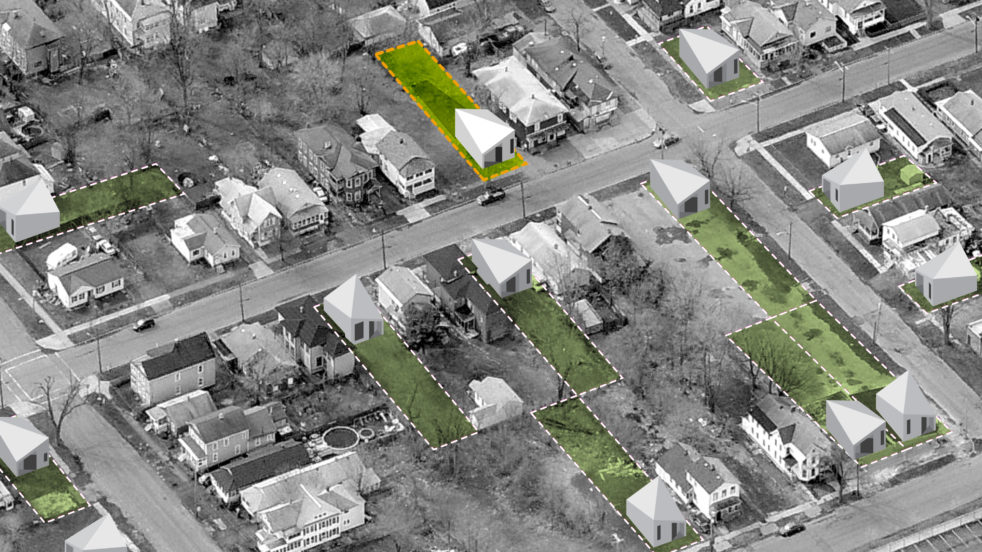 Aerial of a neighborhood in Syracuse, NY, showing the site for R-House