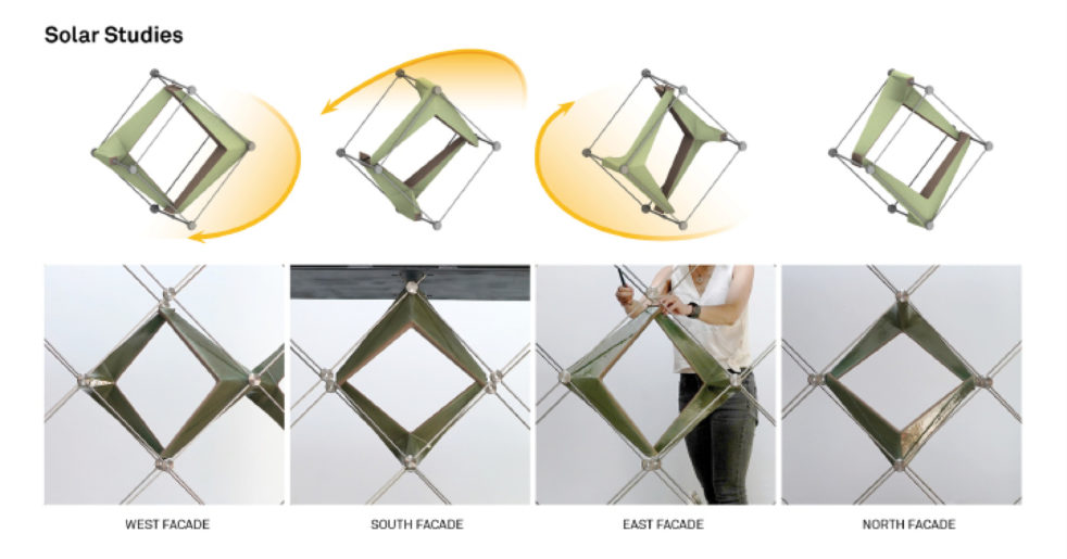 Diagrams and photos showing the solar shading effects of a terra cotta brise soleil prototype