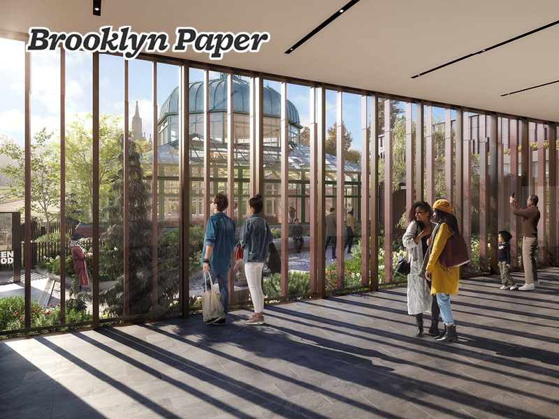 Rendering of the interior of the new Education and Welcome Center, looking towards the historic greenhouse