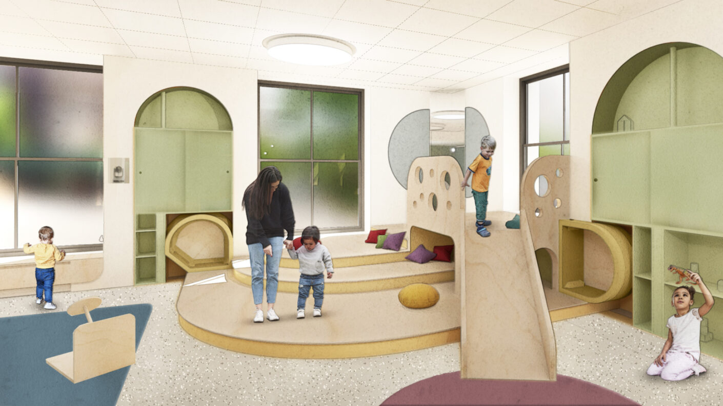 Rendering of student researcher and toddlers in the play area of the Toddler Center at Barnard's Center for the Study of Child Development