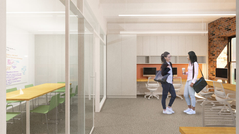 Rendering of student researchers talking in the collaborative workspace of Barnard's Center for the Study of Child Development