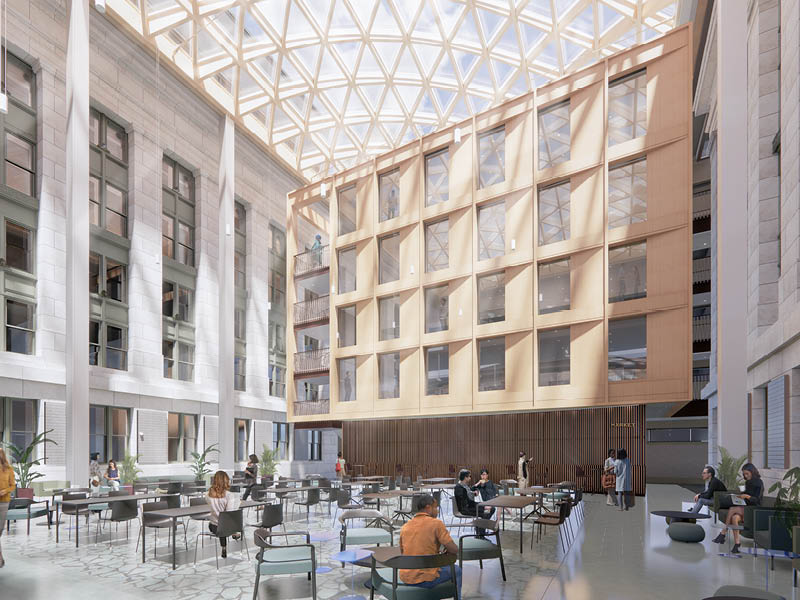 Rendering of people sitting at tables in an enclosed courtyard