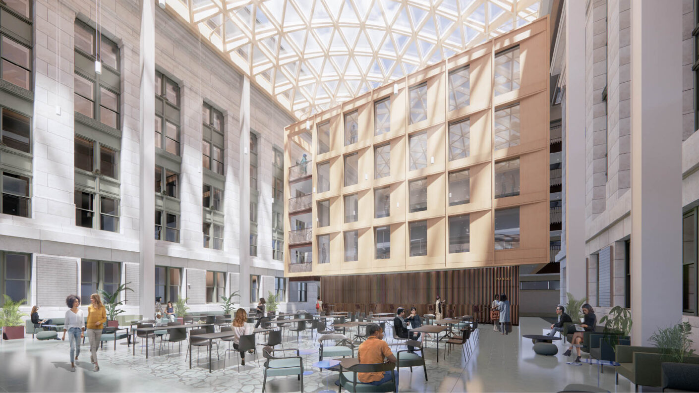 rendering of people sitting at tables in an enclosed courtyard