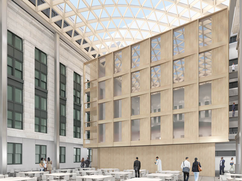 Rendering of people in an enclosed courtyard with a glass roof
