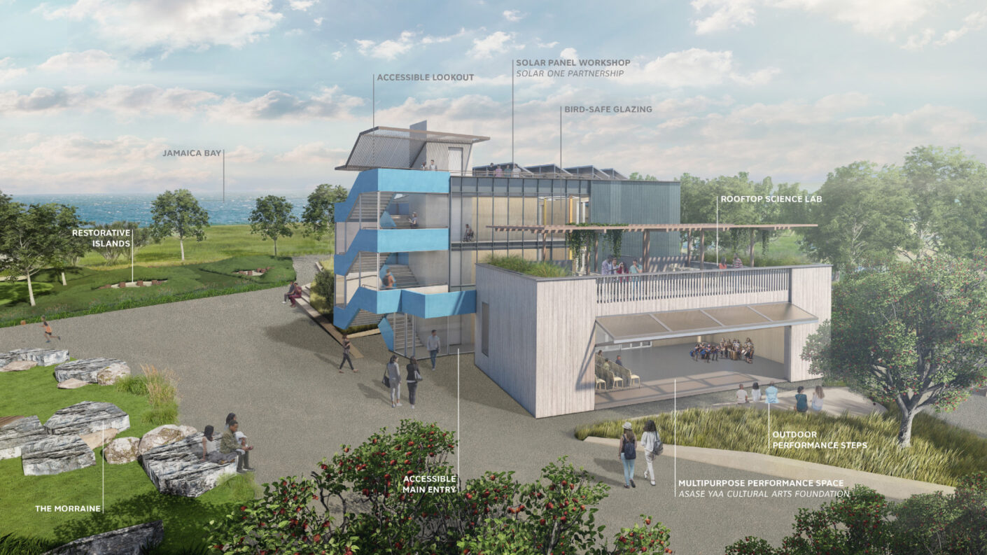 Rendering of the adaptively reused Launch School building showing the indoor-outdoor multipurpose performing space, rooftop science lab, and views of the Jamaica Bay