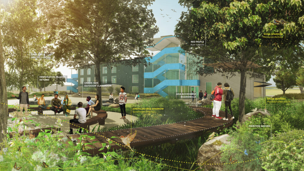 Rendering of the adaptively reused Launch School building showing the rooftop science lab, outdoor social commons, and recycled metal cladding