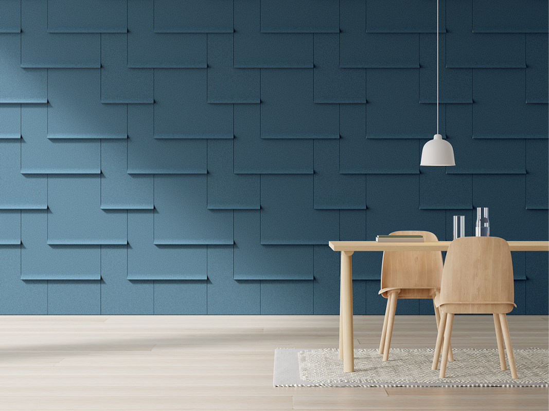 Rendering of ARO Shingle wall covering in blue, with table and chairs in the foreground