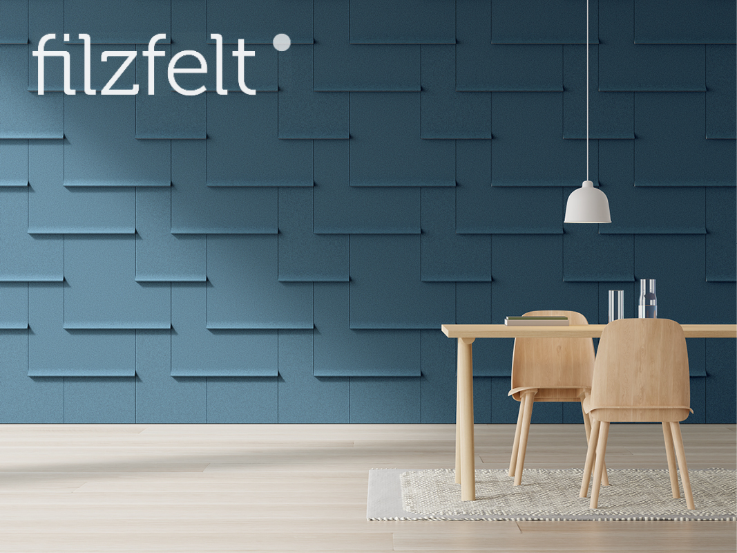 Rendering of ARO Shingle wall covering in blue, with table and chairs in the foreground