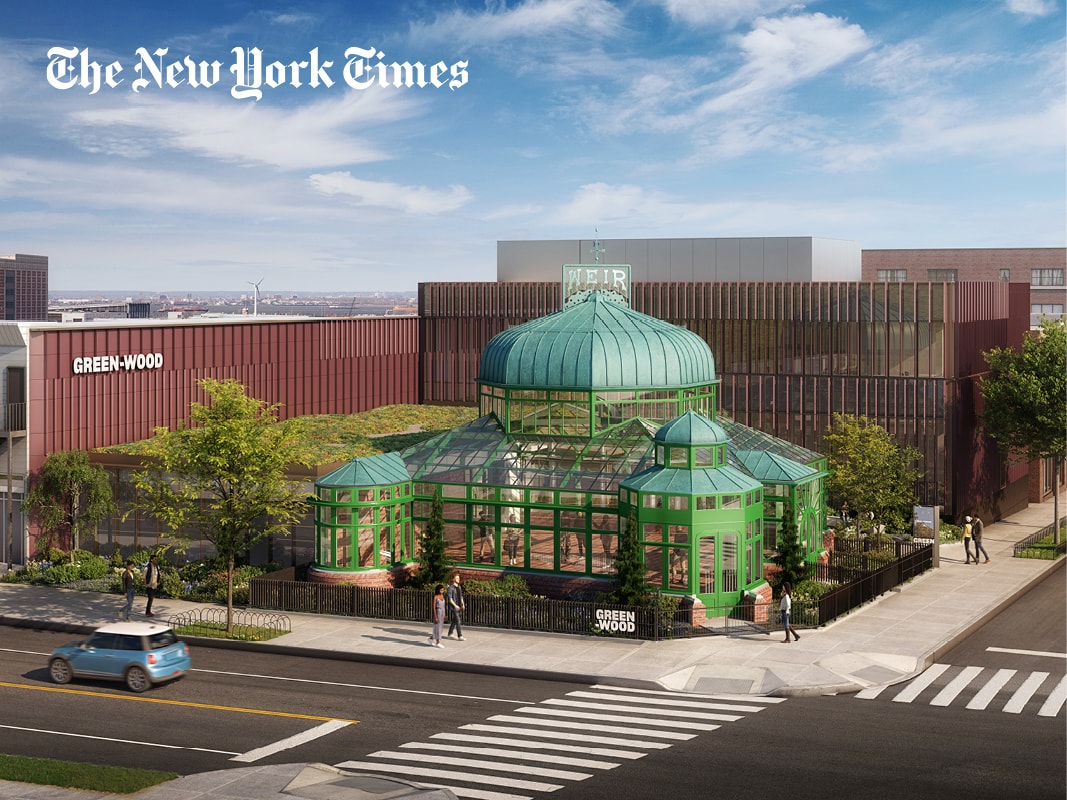 Rendering of the new Education and Welcome Center with burgundy terra cotta facade, surround historic Weir Green-House