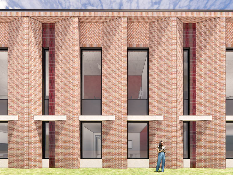 Rendering of serrated brick facade of new building at Rice Business