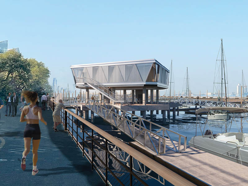 Rendering of people running and walking by a gray metal dockhouse on the water