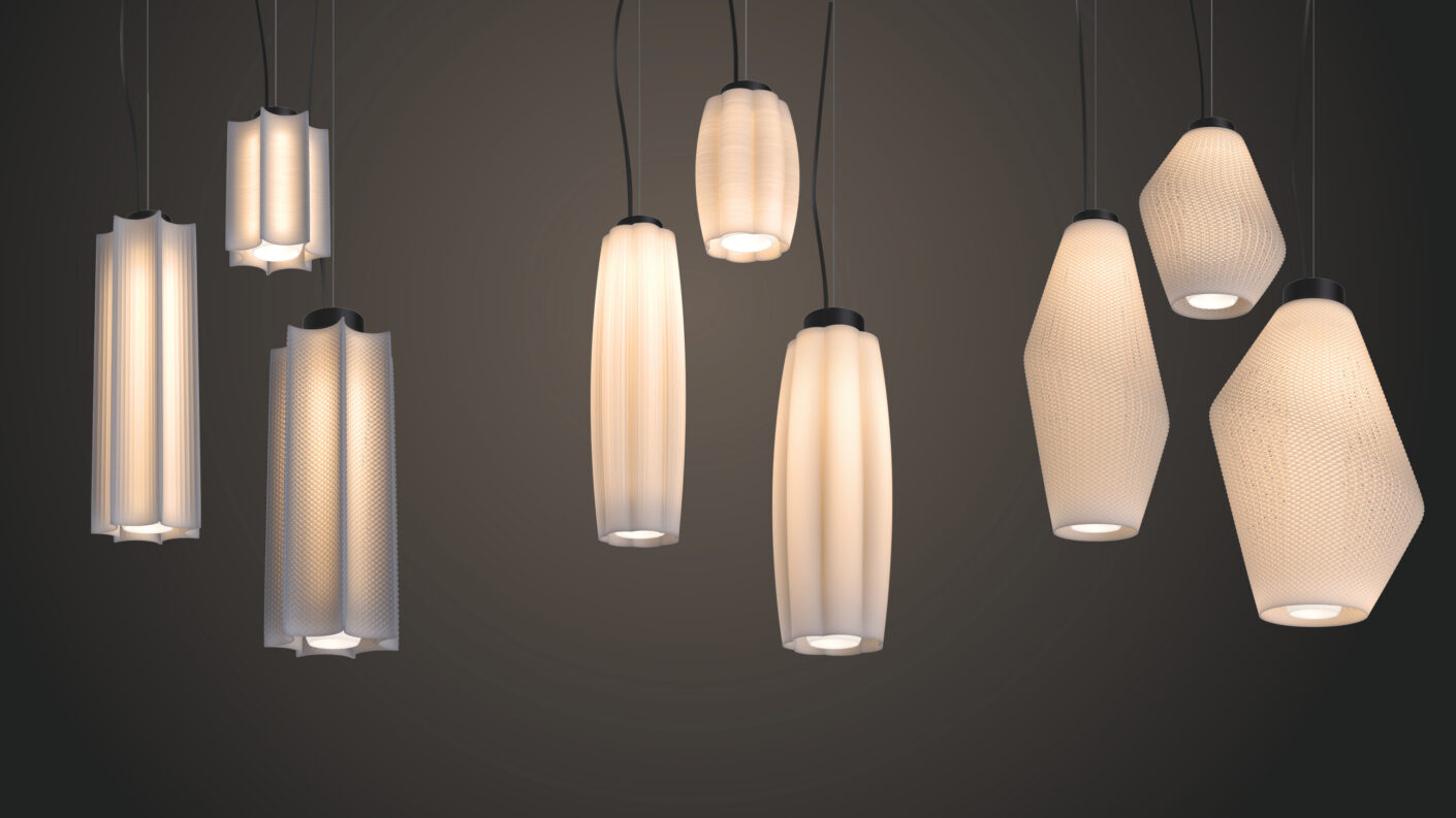Architecture Research Office Series Light Pendants. White pendant lamps on a gray background.